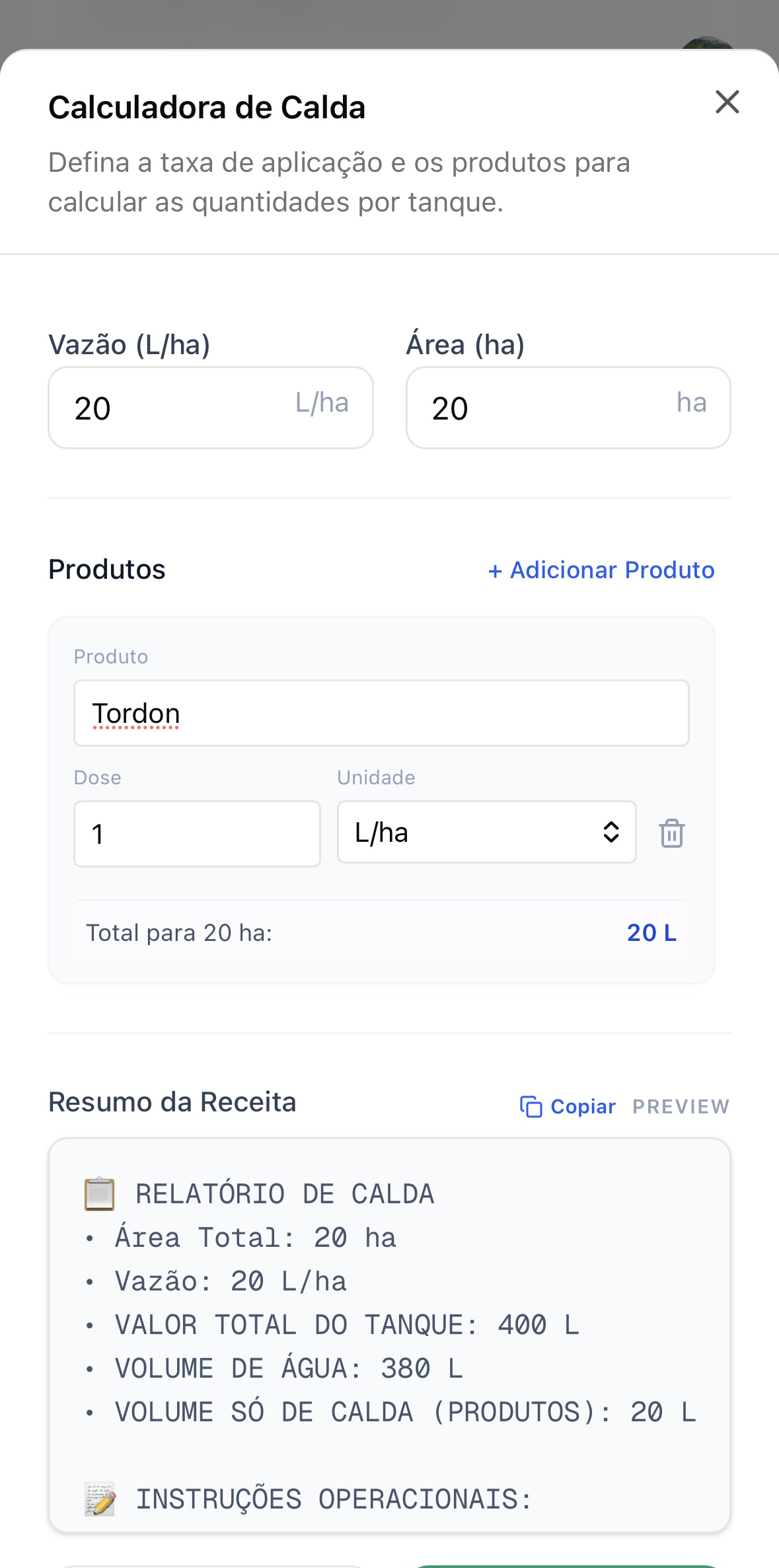 Tela de Calculadora de calda no DroneOps